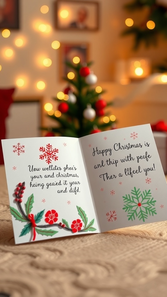 A handmade Christmas card with festive decorations and a warm message, set against a holiday backdrop.